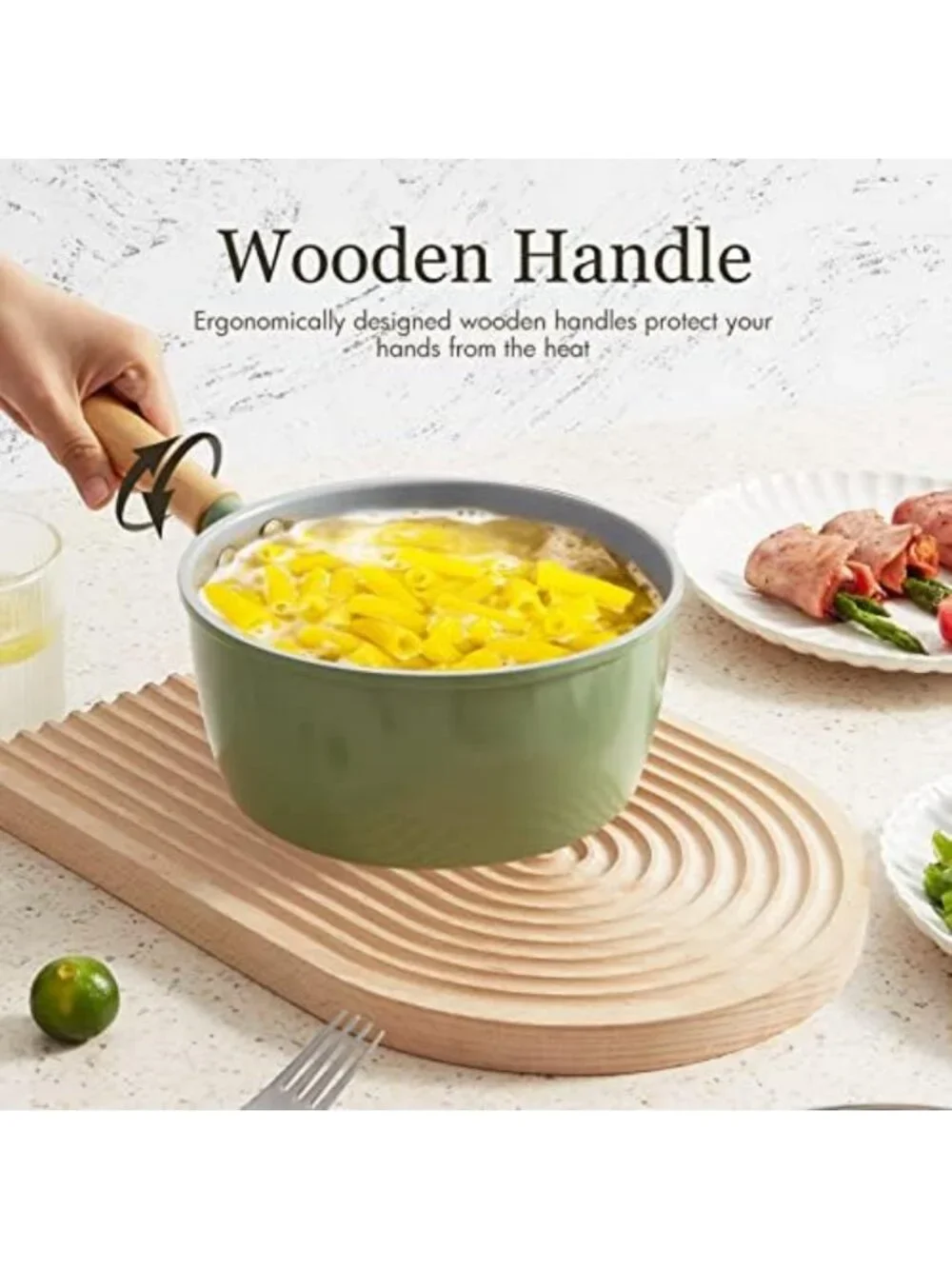 Ceramic Nonstick 2 Quart Saucepan with Lid & Steamer, Cool Touch Wooden Handle